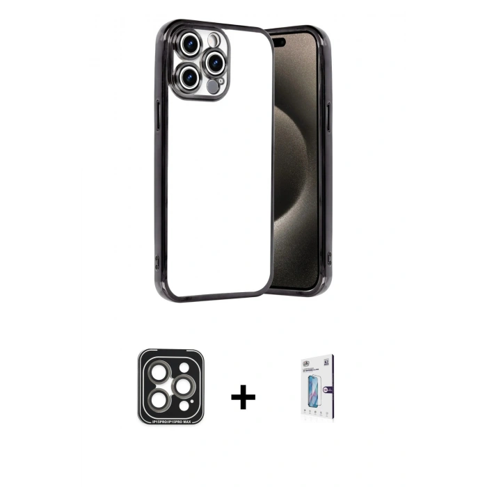 MARSİLYAN™- iPhone 15 Pro Max Kılıf Vadi Minimal - Siyah Bilvis 0.18mm Plus Cam Ekran Koruyucu + PVD Metal Kamera Lens - GI