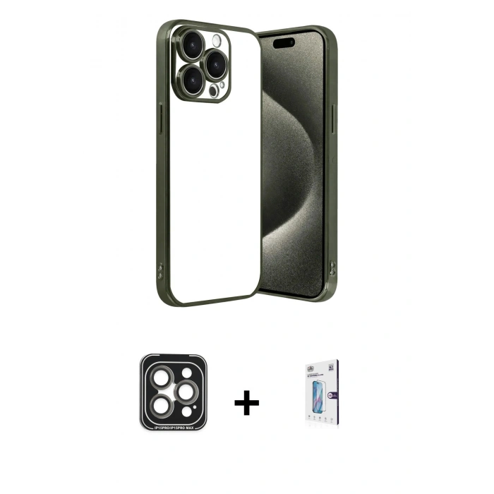 MARSİLYAN™- iPhone 15 Pro Max Kılıf Vadi Minimal - Siyah Bilvis 0.18mm Plus Cam Ekran Koruyucu + PVD Metal Kamera Lens - GI
