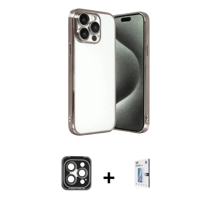 MARSİLYAN™- iPhone 15 Pro Max Kılıf Vadi Minimal - Siyah Bilvis 0.18mm Plus Cam Ekran Koruyucu + PVD Metal Kamera Lens - GI