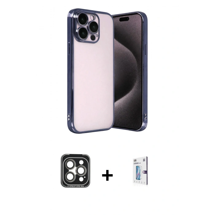 MARSİLYAN™- iPhone 15 Pro Max Kılıf Vadi Minimal - Siyah Bilvis 0.18mm Plus Cam Ekran Koruyucu + PVD Metal Kamera Lens - GI