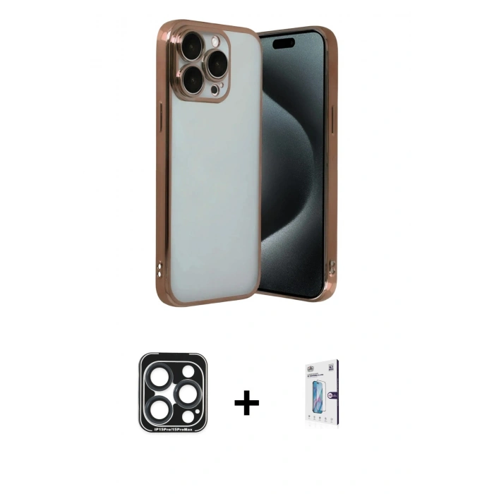 MARSİLYAN™- iPhone 15 Pro Max Kılıf Vadi Minimal - Siyah Bilvis 0.18mm Plus Cam Ekran Koruyucu + PVD Metal Kamera Lens - LT