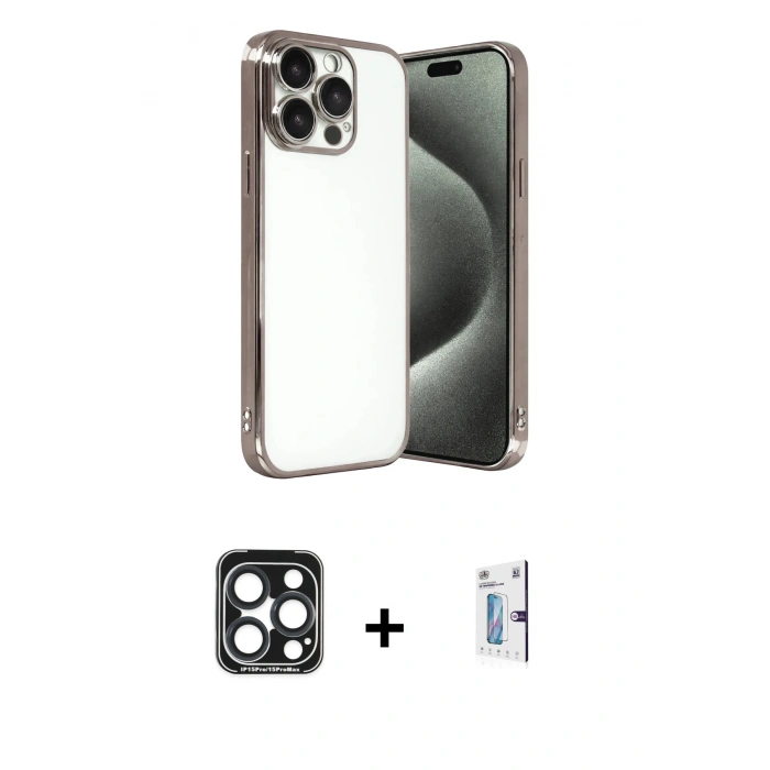 MARSİLYAN™- iPhone 15 Pro Max Kılıf Vadi Minimal - Siyah Bilvis 0.18mm Plus Cam Ekran Koruyucu + PVD Metal Kamera Lens - LT