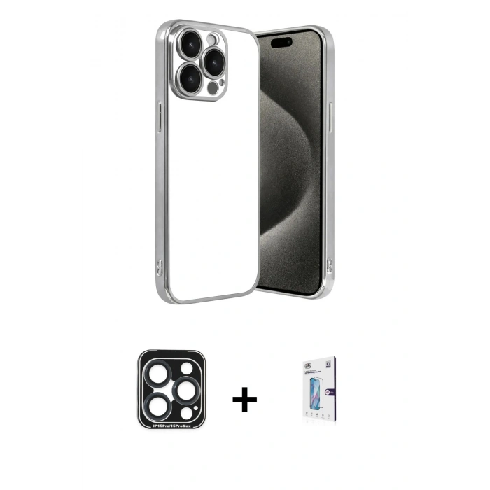 MARSİLYAN™- iPhone 15 Pro Max Kılıf Vadi Minimal - Siyah Bilvis 0.18mm Plus Cam Ekran Koruyucu + PVD Metal Kamera Lens - LT