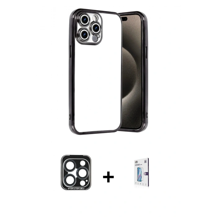 MARSİLYAN™- iPhone 15 Pro Max Kılıf Vadi Minimal - Siyah Bilvis 0.18mm Plus Cam Ekran Koruyucu + PVD Metal Kamera Lens - LT