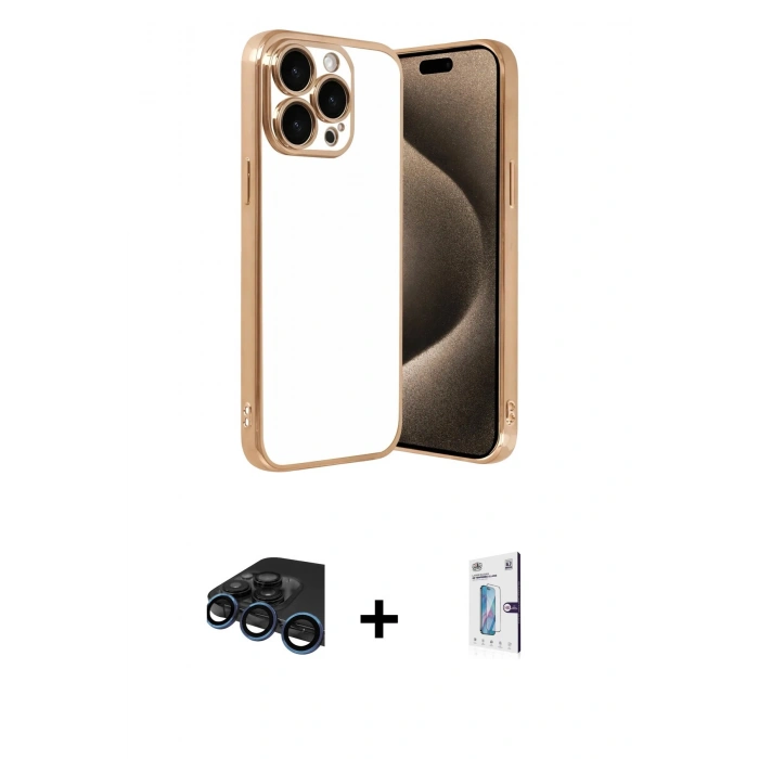 MARSİLYAN™- iPhone 15 Pro Max Kılıf Vadi Minimal - Siyah Bilvis 0.18mm Plus Cam Ekran Koruyucu + Raze Metal Kamera Lens - LT