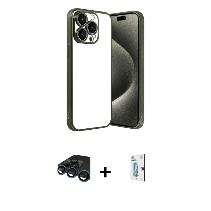 MARSİLYAN™- iPhone 15 Pro Max Kılıf Vadi Minimal - Siyah Bilvis 0.18mm Plus Cam Ekran Koruyucu + Raze Metal Kamera Lens - LT