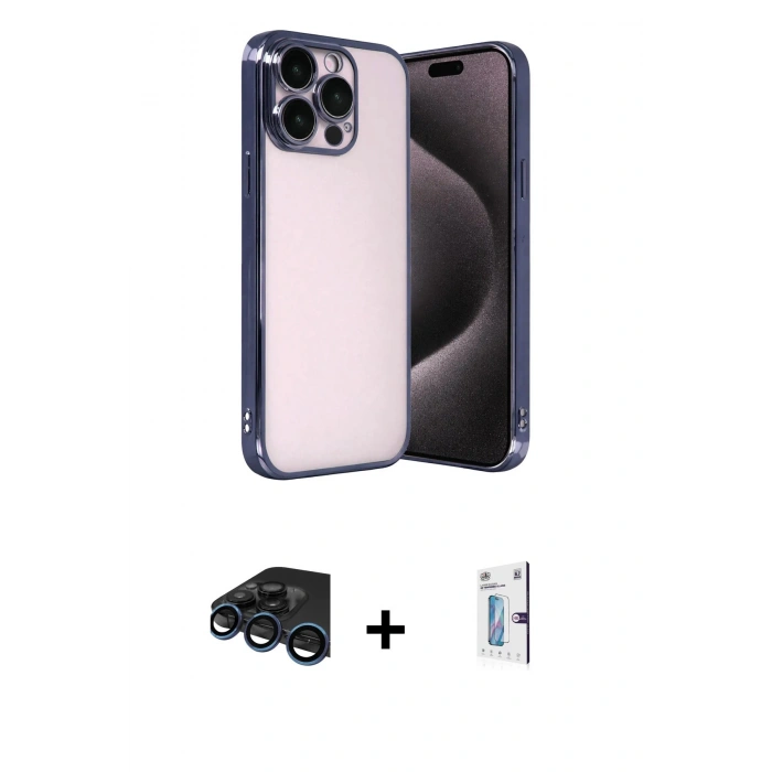 MARSİLYAN™- iPhone 15 Pro Max Kılıf Vadi Minimal - Siyah Bilvis 0.18mm Plus Cam Ekran Koruyucu + Raze Metal Kamera Lens - LT