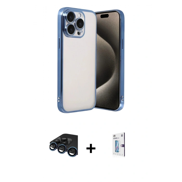 MARSİLYAN™- iPhone 15 Pro Max Kılıf Vadi Minimal - Siyah Bilvis 0.18mm Plus Cam Ekran Koruyucu + Raze Metal Kamera Lens - LT