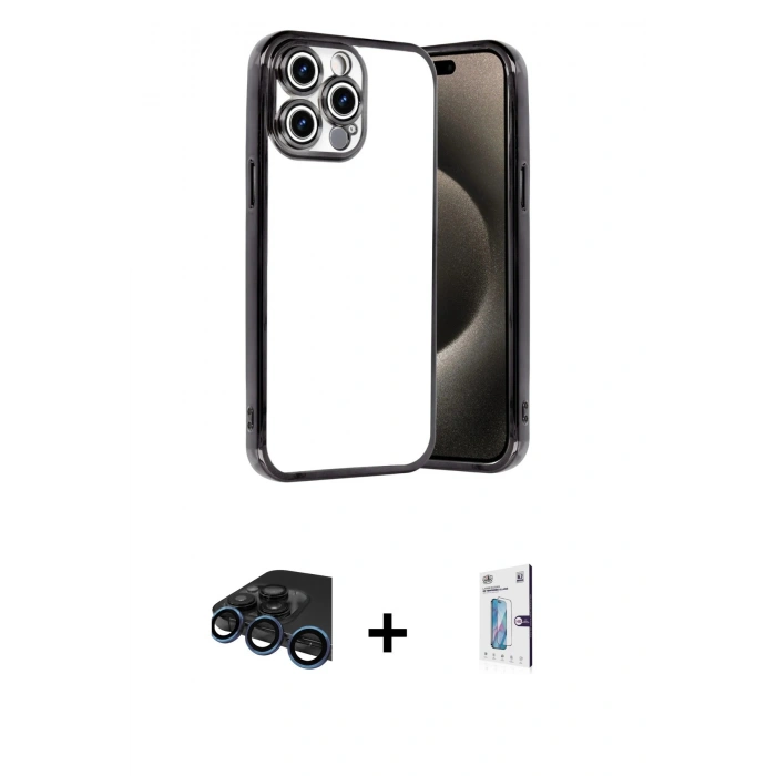 MARSİLYAN™- iPhone 15 Pro Max Kılıf Vadi Minimal - Siyah Bilvis 0.18mm Plus Cam Ekran Koruyucu + Raze Metal Kamera Lens - LT