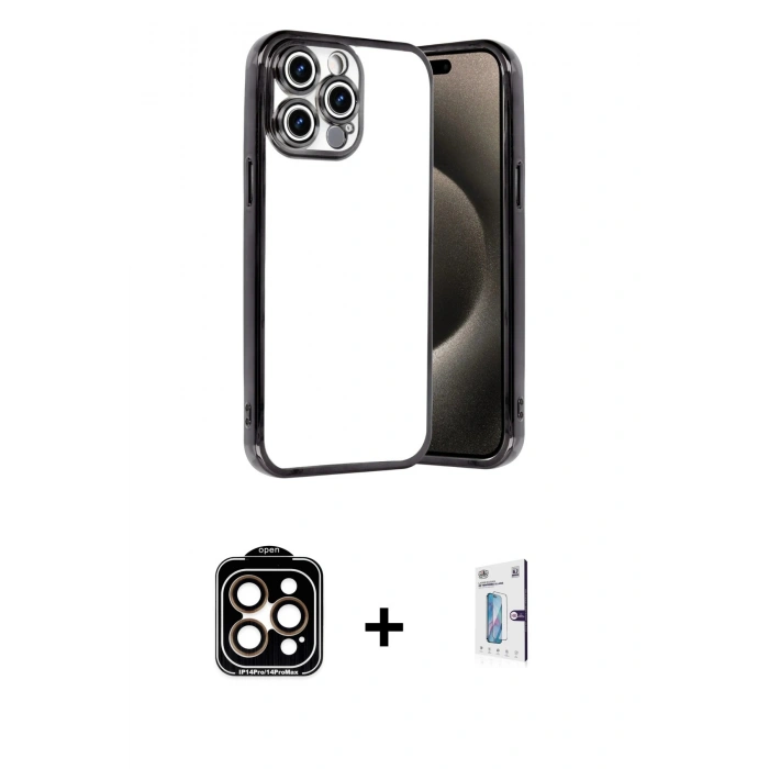 MARSİLYAN™- iPhone 15 Pro Max Kılıf Vadi Minimal - Siyah Bilvis 0.18mm Plus Cam Ekran Koruyucu + PVD Metal Kamera Lens - TU