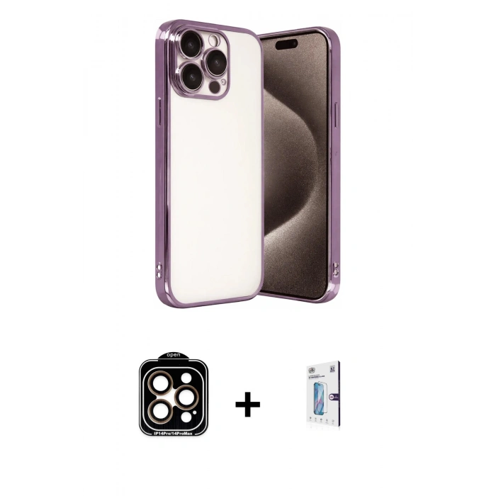MARSİLYAN™- iPhone 15 Pro Max Kılıf Vadi Minimal - Siyah Bilvis 0.18mm Plus Cam Ekran Koruyucu + PVD Metal Kamera Lens - TU