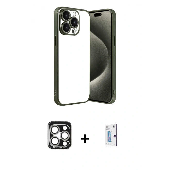 MARSİLYAN™- iPhone 15 Pro Max Kılıf Vadi Minimal - Siyah Bilvis 0.18mm Plus Cam Ekran Koruyucu + PVD Metal Kamera Lens - GS