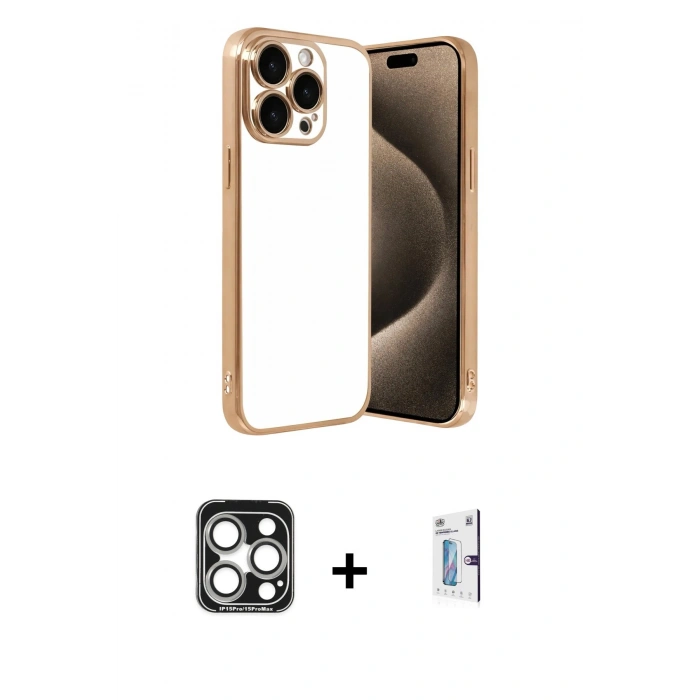 MARSİLYAN™- iPhone 15 Pro Max Kılıf Vadi Minimal - Siyah Bilvis 0.18mm Plus Cam Ekran Koruyucu + PVD Metal Kamera Lens - GS