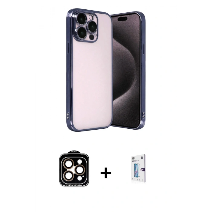 MARSİLYAN™- iPhone 15 Pro Max Kılıf Vadi Minimal - Siyah Bilvis 0.18mm Plus Cam Ekran Koruyucu + PVD Metal Kamera Lens - TU