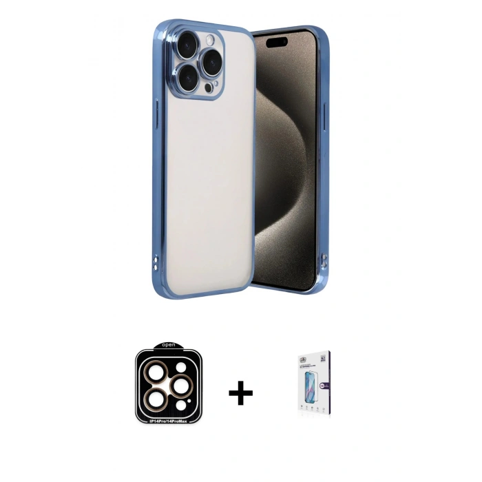 MARSİLYAN™- iPhone 15 Pro Max Kılıf Vadi Minimal - Siyah Bilvis 0.18mm Plus Cam Ekran Koruyucu + PVD Metal Kamera Lens - TU