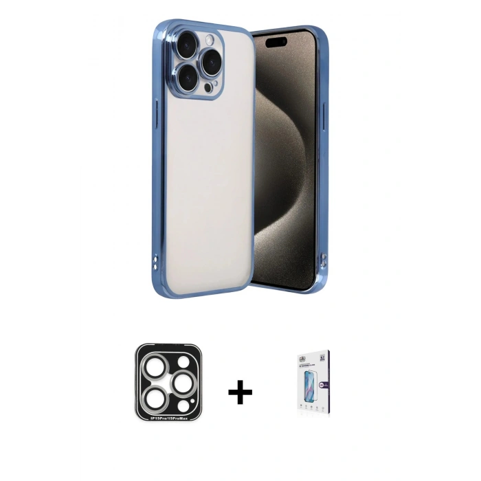 MARSİLYAN™- iPhone 15 Pro Max Kılıf Vadi Minimal - Siyah Bilvis 0.18mm Plus Cam Ekran Koruyucu + PVD Metal Kamera Lens - GS