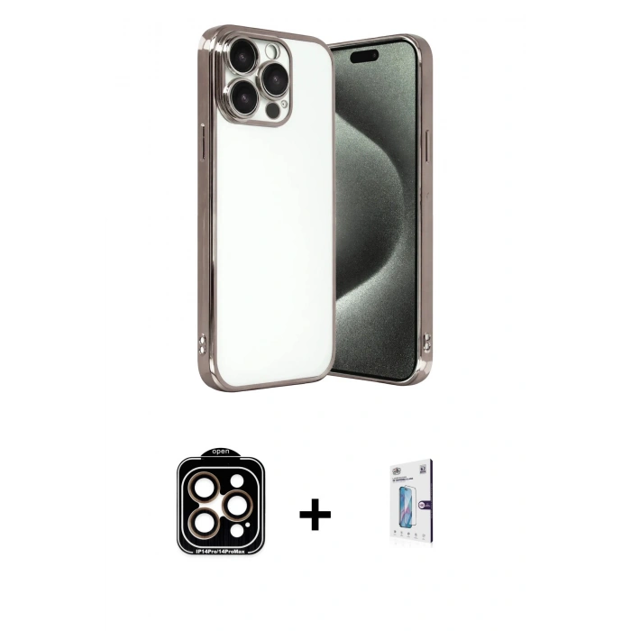 MARSİLYAN™- iPhone 15 Pro Max Kılıf Vadi Minimal - Siyah Bilvis 0.18mm Plus Cam Ekran Koruyucu + PVD Metal Kamera Lens - TU