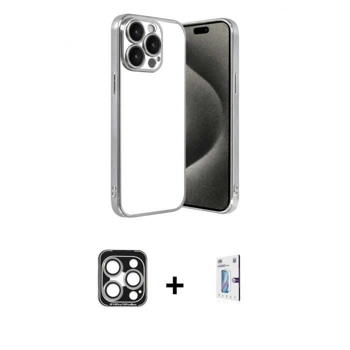 MARSİLYAN™- iPhone 15 Pro Max Kılıf Vadi Minimal - Siyah Bilvis 0.18mm Plus Cam Ekran Koruyucu + PVD Metal Kamera Lens - GS