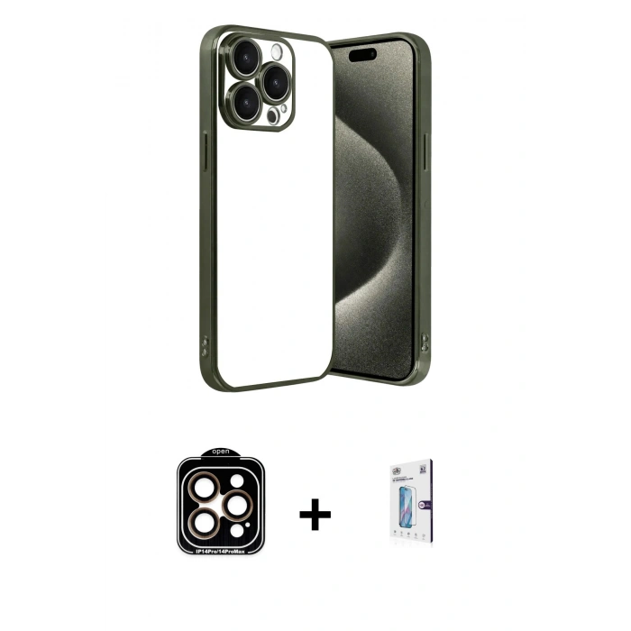 MARSİLYAN™- iPhone 15 Pro Max Kılıf Vadi Minimal - Siyah Bilvis 0.18mm Plus Cam Ekran Koruyucu + PVD Metal Kamera Lens - TU