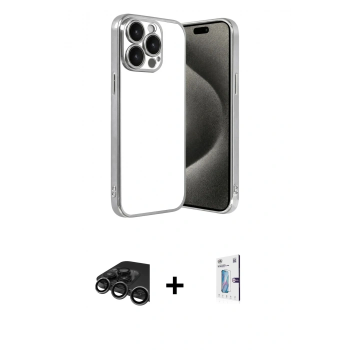 MARSİLYAN™- iPhone 15 Pro Max Kılıf Vadi Minimal - Siyah Bilvis 0.18mm Plus Cam Ekran Koruyucu + Raze Metal Kamera Lens - TMGI
