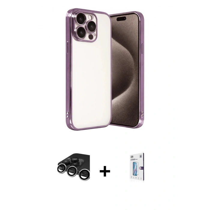 MARSİLYAN™- iPhone 15 Pro Max Kılıf Vadi Minimal - Siyah Bilvis 0.18mm Plus Cam Ekran Koruyucu + Raze Metal Kamera Lens - GS