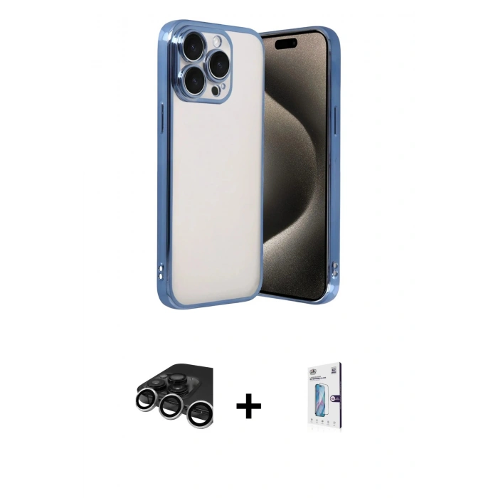 MARSİLYAN™- iPhone 15 Pro Max Kılıf Vadi Minimal - Siyah Bilvis 0.18mm Plus Cam Ekran Koruyucu + Raze Metal Kamera Lens - GS