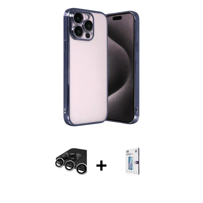 MARSİLYAN™- iPhone 15 Pro Max Kılıf Vadi Minimal - Siyah Bilvis 0.18mm Plus Cam Ekran Koruyucu + Raze Metal Kamera Lens - GS