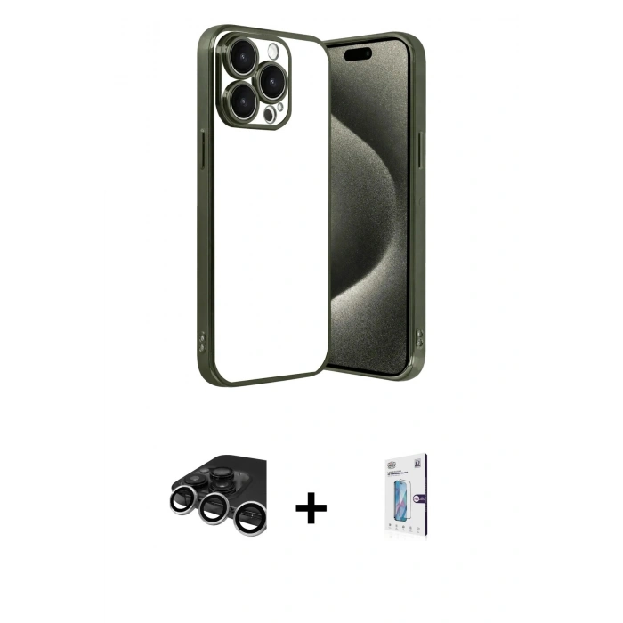 MARSİLYAN™- iPhone 15 Pro Max Kılıf Vadi Minimal - Siyah Bilvis 0.18mm Plus Cam Ekran Koruyucu + Raze Metal Kamera Lens - GS