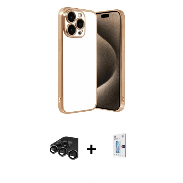 MARSİLYAN™- iPhone 15 Pro Max Kılıf Vadi Minimal - Siyah Bilvis 0.18mm Plus Cam Ekran Koruyucu + Raze Metal Kamera Lens - TMGI