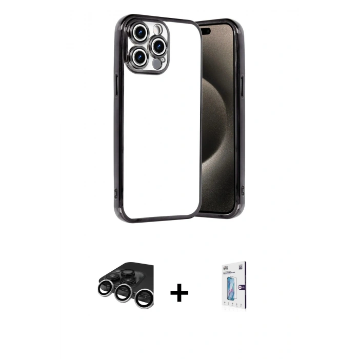 MARSİLYAN™- iPhone 15 Pro Max Kılıf Vadi Minimal - Siyah Bilvis 0.18mm Plus Cam Ekran Koruyucu + Raze Metal Kamera Lens - GS