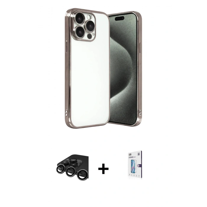 MARSİLYAN™- iPhone 15 Pro Max Kılıf Vadi Minimal - Siyah Bilvis 0.18mm Plus Cam Ekran Koruyucu + Raze Metal Kamera Lens - TMGI