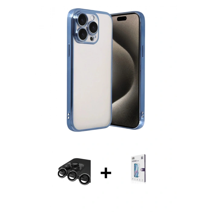 MARSİLYAN™- iPhone 15 Pro Max Kılıf Vadi Minimal - Siyah Bilvis 0.18mm Plus Cam Ekran Koruyucu + Raze Metal Kamera Lens - TMGI