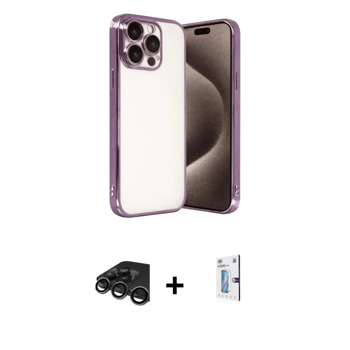 MARSİLYAN™- iPhone 15 Pro Max Kılıf Vadi Minimal - Siyah Bilvis 0.18mm Plus Cam Ekran Koruyucu + Raze Metal Kamera Lens - TMGI