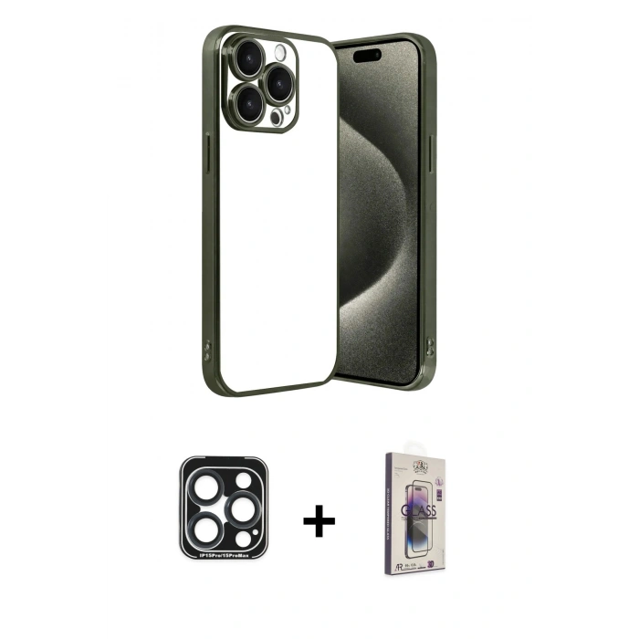 MARSİLYAN™- iPhone 15 Pro Max Kılıf Vadi Minimal - Siyah Bilvis 3D Cam Ekran Koruyucu + PVD Metal Kamera Lens - LT