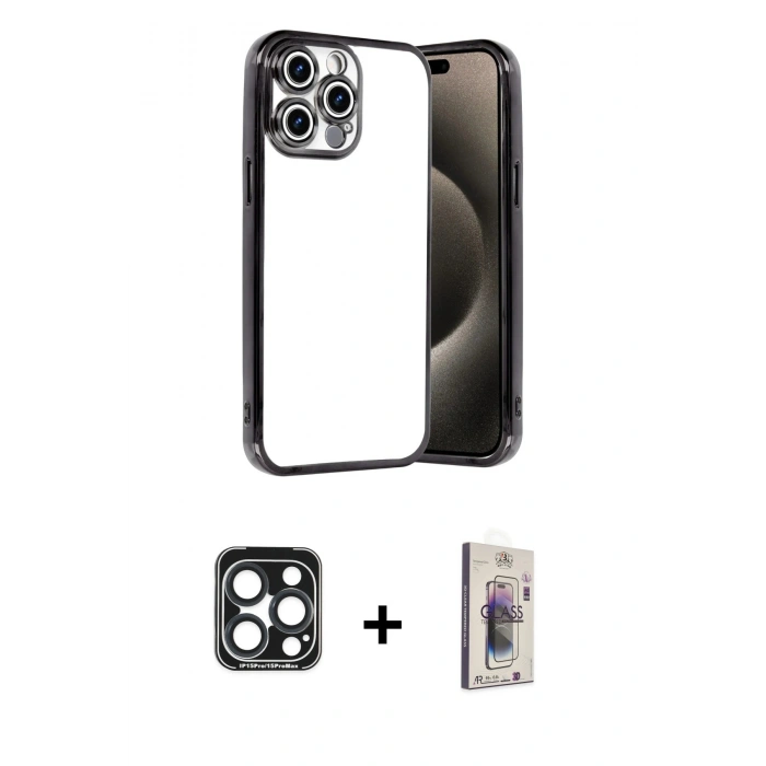 MARSİLYAN™- iPhone 15 Pro Max Kılıf Vadi Minimal - Siyah Bilvis 3D Cam Ekran Koruyucu + PVD Metal Kamera Lens - LT