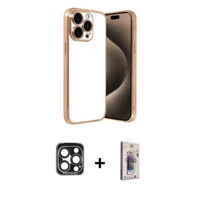 MARSİLYAN™- iPhone 15 Pro Max Kılıf Vadi Minimal - Siyah Bilvis 3D Cam Ekran Koruyucu + PVD Metal Kamera Lens - LT
