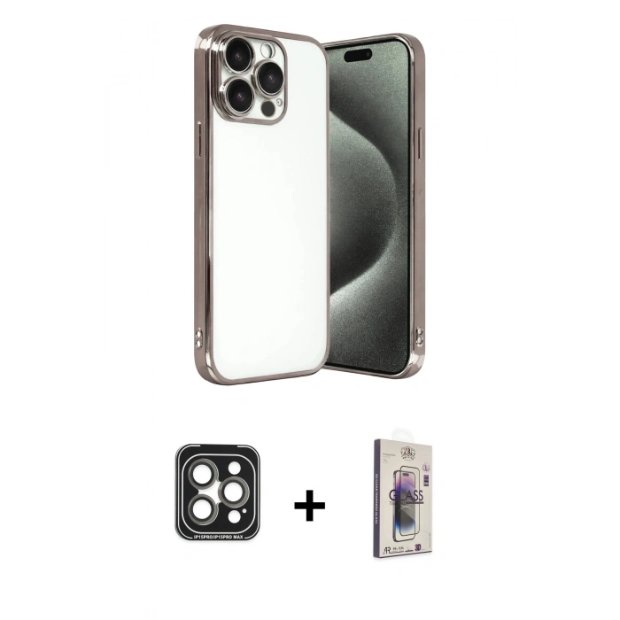 MARSİLYAN™- iPhone 15 Pro Max Kılıf Vadi Minimal - Siyah Bilvis 3D Cam Ekran Koruyucu + PVD Metal Kamera Lens - GI