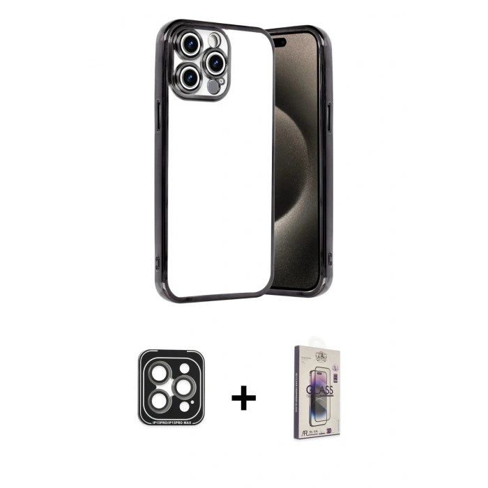 MARSİLYAN™- iPhone 15 Pro Max Kılıf Vadi Minimal - Siyah Bilvis 3D Cam Ekran Koruyucu + PVD Metal Kamera Lens - GI