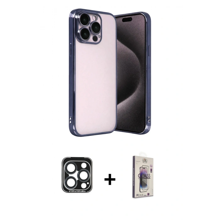 MARSİLYAN™- iPhone 15 Pro Max Kılıf Vadi Minimal - Siyah Bilvis 3D Cam Ekran Koruyucu + PVD Metal Kamera Lens - LT