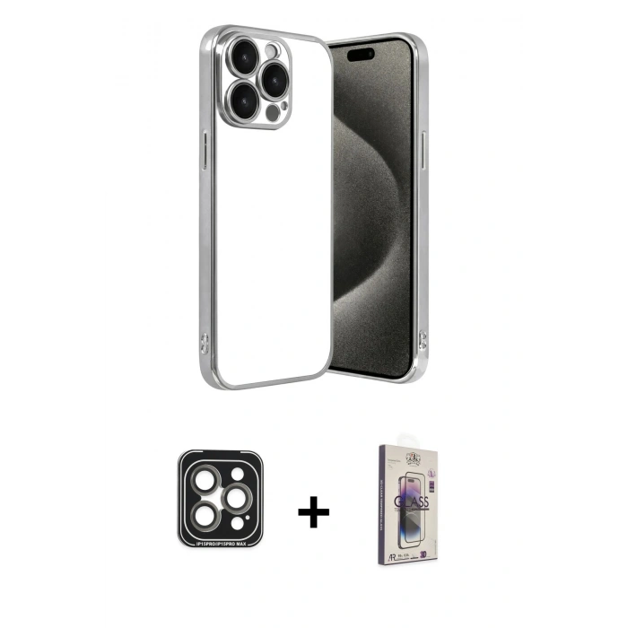 MARSİLYAN™- iPhone 15 Pro Max Kılıf Vadi Minimal - Siyah Bilvis 3D Cam Ekran Koruyucu + PVD Metal Kamera Lens - GI