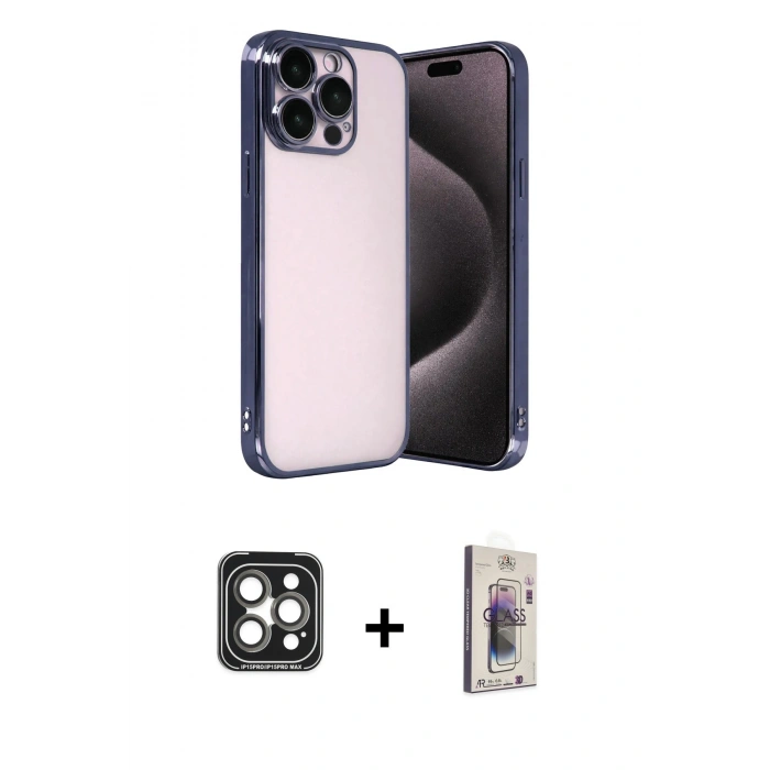 MARSİLYAN™- iPhone 15 Pro Max Kılıf Vadi Minimal - Siyah Bilvis 3D Cam Ekran Koruyucu + PVD Metal Kamera Lens - GI