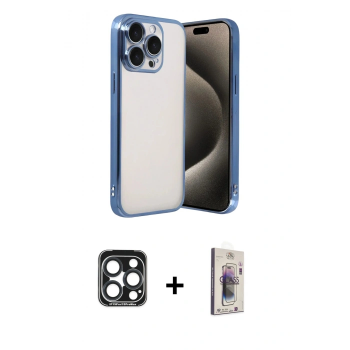 MARSİLYAN™- iPhone 15 Pro Max Kılıf Vadi Minimal - Siyah Bilvis 3D Cam Ekran Koruyucu + PVD Metal Kamera Lens - LT