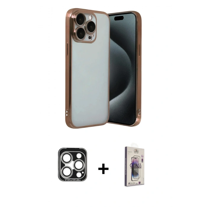 MARSİLYAN™- iPhone 15 Pro Max Kılıf Vadi Minimal - Siyah Bilvis 3D Cam Ekran Koruyucu + PVD Metal Kamera Lens - GS