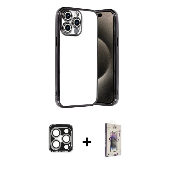 MARSİLYAN™- iPhone 15 Pro Max Kılıf Vadi Minimal - Siyah Bilvis 3D Cam Ekran Koruyucu + PVD Metal Kamera Lens - GS