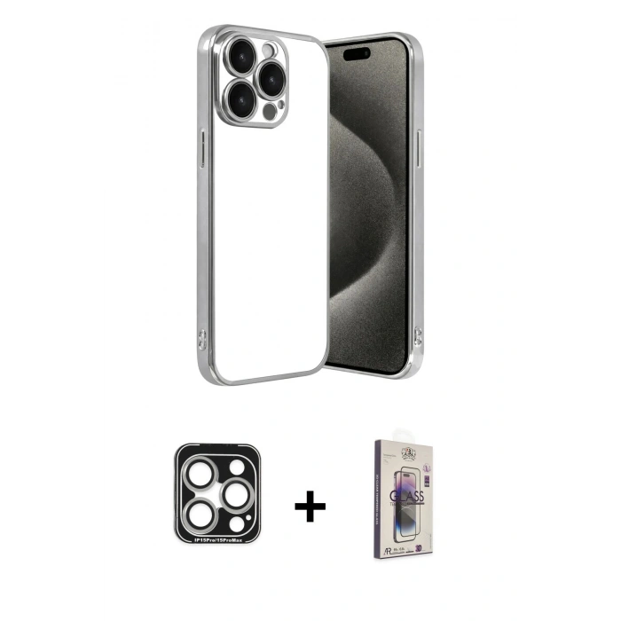 MARSİLYAN™- iPhone 15 Pro Max Kılıf Vadi Minimal - Siyah Bilvis 3D Cam Ekran Koruyucu + PVD Metal Kamera Lens - GS