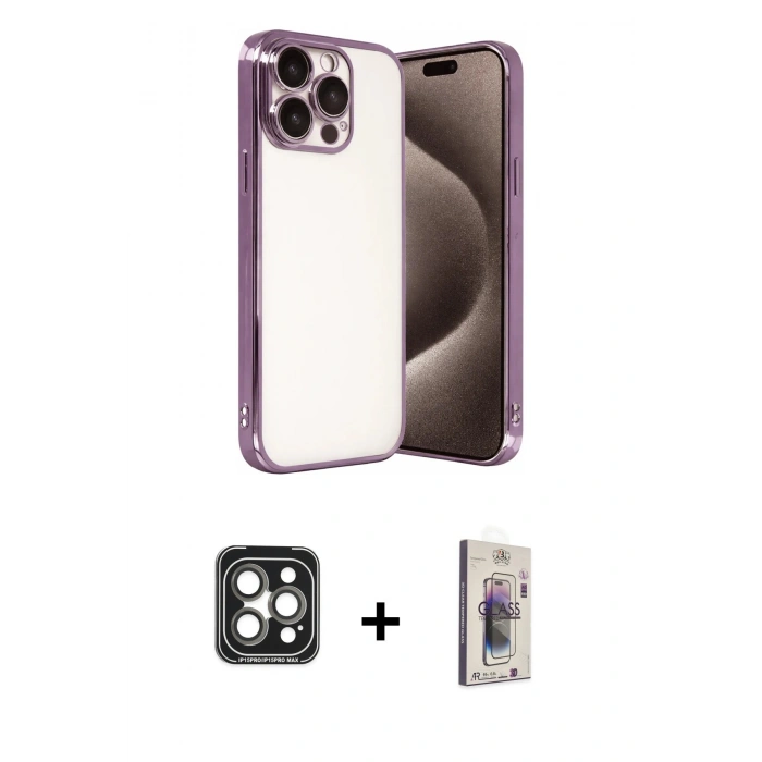 MARSİLYAN™- iPhone 15 Pro Max Kılıf Vadi Minimal - Siyah Bilvis 3D Cam Ekran Koruyucu + PVD Metal Kamera Lens - GI