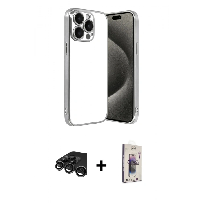 MARSİLYAN™- iPhone 15 Pro Max Kılıf Vadi Minimal - Siyah Bilvis 3D Cam Ekran Koruyucu + Raze Metal Kamera Lens - TMGI