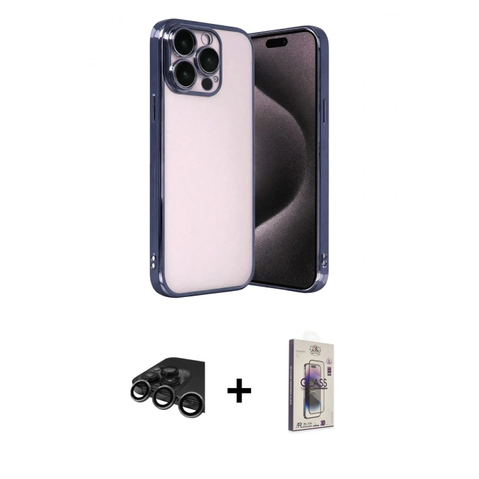 MARSİLYAN™- iPhone 15 Pro Max Kılıf Vadi Minimal - Siyah Bilvis 3D Cam Ekran Koruyucu + Raze Metal Kamera Lens - TMGI