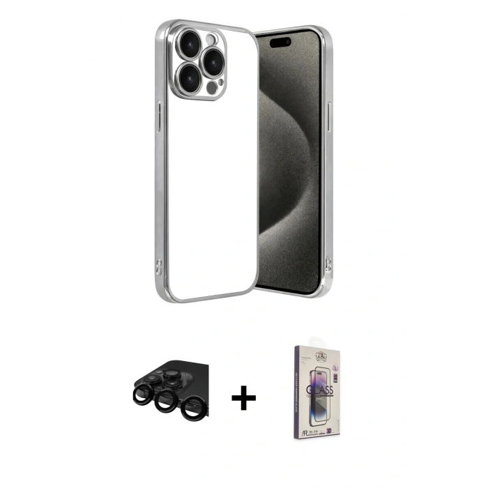 MARSİLYAN™- iPhone 15 Pro Max Kılıf Vadi Minimal - Siyah Bilvis 3D Cam Ekran Koruyucu + Raze Metal Kamera Lens - SH
