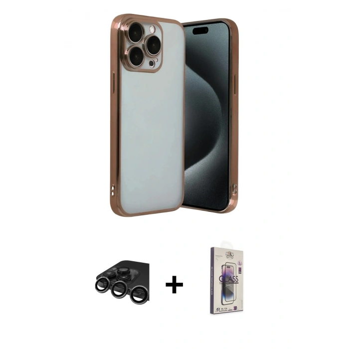MARSİLYAN™- iPhone 15 Pro Max Kılıf Vadi Minimal - Siyah Bilvis 3D Cam Ekran Koruyucu + Raze Metal Kamera Lens - TMGI